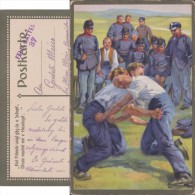 Suisse 1916. Carte En Franchise Militaire. Deux Soldats Combattant (lutte), Regardés Par Les Autres Soldats - Wrestling