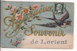 Carte Postale Fantaisie De LORIENT (Morbihan) Affectueux Souvenir De LORIENT-Oiseau-Hirondelle-Fleur-VOIR 2 SCANS - Lorient