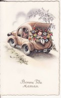 Carte Postale Fantaisie AUTO-VOITURE-AUTOMOBILE- " Bonne Fête MAMAN " Fillette Avec Fleur -2 SCANS- - PKW