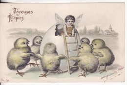 Carte Postale Fantaisie Gauffrée ANGE-POUSSIN-OISEAU-OEUF  " Joyeuses Pâques " - 2 SCANS - - Pâques