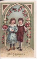 Carte Postale Fantaisie GAUFFREE-" Heureux Anniversaire " - Enfant-Garçon-Fille-Portail De FLEURS-Fleur-2 SCANS - Verjaardag