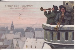 Carte  Fantaisie Illustrateur Alfred MAILICK-Herzuchen Glücklwunsch Neuen Jahre-Nouvelle Année-Eglise En HIVER-Trombone - Mailick, Alfred