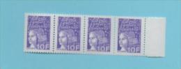 BANDES DE 4 LUQUET 10 FRS VIOLET TYPE 2 BORD DE FEUILLE IMPRESSION DEPOUILLEE - Unused Stamps