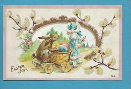 CPA Gaufrée Embossed Lapin Rabbit Position Humaine Humanisé Chariot Oeufs Enfant Fillette - Geklede Dieren