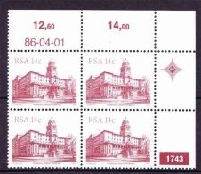 South Africa -1982 - South African Architecture - 4th Definitive Pietermartzburg  City Hall - Control Block - Unused Stamps