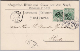 DR 1894-08-17 Bahn-o Köln-Cleve Postkarte Mit 2x5Pf Perfin "VDB" Von Den Bergh - Other & Unclassified