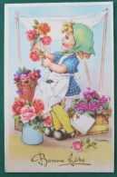 Cpa Litho Illustrateur GOUGEON Fete Enfant Fille Fillette Sabots Marchande De Fleurs Bouquet Pot Vase - Gougeon