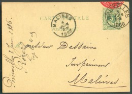 EP Carte 5 Centimes Vert, Obl. Sc BRUXELLES Du 3 Juin 1886 Vers Malines Avec (verso) Vignette LIBRAIRIE UNIVERSELLE ROS - Briefkaarten 1871-1909