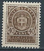 1945 LUOGOTENENZA RECAPITO AUTORIZZATO 40 CENT MNH ** - VA41-4 - Autorisierter Privatdienst