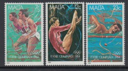 Malta 1984 Summer Olympics Games Los Angeles Sports Swimming Running Gymnastics Stamps MNH Sc 647-649 SG742-744 - Schwimmen