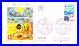 431 (Yvert) Sur FDC Illustrée Sur Soie (GF-PJ) Saint Gilles Les Bains - Croix Rouge. Les Saisons. L'été - Réunion 1974 - Lettres & Documents