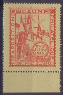 FRANCE:1933:Vignette/Cinderella – MNH:  ## BEAUNE: Exposition Philatélique ##: PHILATELY,ARCHITECTURE,HOSPICE De BEAUNE, - Filatelistische Tentoonstellingen