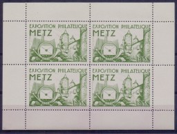 FRANCE:1938:Bloc De 4 Vignettes/Cinderellas–MNH:##Exposition Philatélique-METZ##:PHILATELY,ARCHITECTURE,LETTER,POST HORN - Briefmarkenmessen