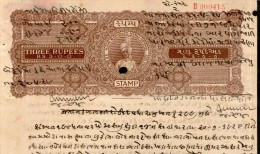 India Fiscal Rajpipla State 3 Rs. King Vijaysinhji Portrait Type 20 KM 209 Stamp Paper # 10742R Court Fee Revenue - Rajpeepla