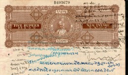 India Fiscal Rajpipla State 5 Rs. King Vijaysinhji Portrait Type 20 KM 212 Stamp Paper # 10742S Court Fee Revenue - Rajpeepla