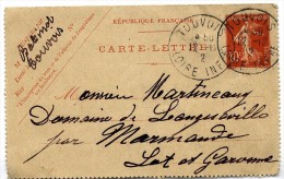 CARTE LETTRE  ENTIER POSTAL SEMEUSE 10 C  -  CACHET TOUVOIS  1912 - Letter Cards