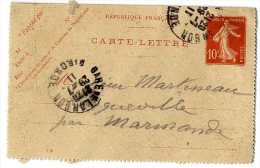 CARTE LETTRE  ENTIER POSTAL SEMEUSE 10 C  -  CACHET MARMANDE GARE DE LANGON  1911 - Letter Cards