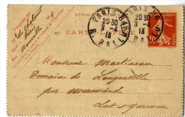 CARTE LETTRE  ENTIER POSTAL SEMEUSE 10 C  -  CACHET PARIS 34  1913 - Letter Cards