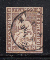 Switzerland Used Scott #25 5r Helvetia, Dark Brown, Black Thread - Design Cut In At Top - Gebraucht