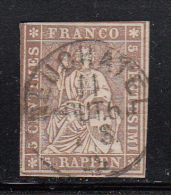 Switzerland Used Scott #36 5r Helvetia, Brown, Green Thread - Design Cut In, CDS Cancel - Used Stamps