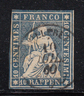 Switzerland Used Scott #37 10r Helvetia, Blue, Green Thread - Design Cut Into - Gebraucht