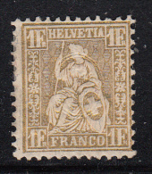 Switzerland MH Scott #68 1fr Helvetia, Gold - Album Adherence - Unused Stamps