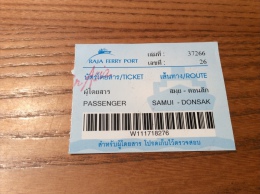 Ticket De Transport ** "RAJA FERRY PORT - SAMUI - DONSAK" Thaïlande - Monde