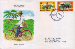 G)1980 CAYMAN ISLANDS, BICYCLE-HORSE, CYCLIST-WALKIG-MOUNTED MAIL CARRIER, FDC USED, XF - Kaaiman Eilanden