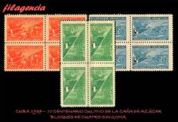 PIEZAS. CUBA. BLOQUES DE CUATRO. 1937-01 IV CENTENARIO DEL CULTIVO DE LA CAÑA DE AZÚCAR. MNG - Ungebraucht