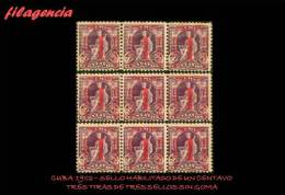 PIEZAS. CUBA MINT. 1902-01 SELLO HABILITADO DE UN CENTAVO. NUEVE SELLOS EN TIRAS DE TRES. MNG - Unused Stamps