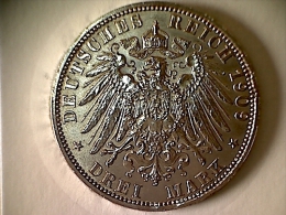 Allemagne 3 Mark  1909 A - Wilhelm II König Von Preussen TTB - 2, 3 & 5 Mark Zilver