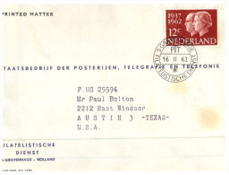 (369) Netherlands To USA Cover (1962)  From DIENST PTT - Lettres & Documents