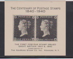 Great Britain The Centenary Of The First Postage Stamps Sheet By Kenmore Stamp Co. - Essais & Réimpressions