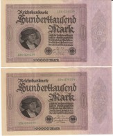 Lot Of Two, Germany #83a, 100000 Marks Consecutive Serial Numbers Banknotes Money Currency, 1 February 1923 Date - 100000 Mark