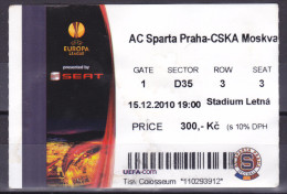SOCCER  Football Ticket: AC Sparta Praha - CSKA Moscow  15.12.2010 UEFA Europa League - Tickets D'entrée