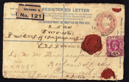 CEYLAN 1916  Registered Letter To India   Registration Postal Stationery Uprated With 5cent SG 303 - Ceylon (...-1947)