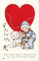 Valentines Day Greetings, MEP Artist Signed, Child With Cat, Giant Broken Heart, C1900s/10s Vintage Postcard - Valentinstag