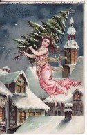 Carte Postale Fantaisie JOYEUX NOËL - ANGE Sapin Noël - Eglise Maison -Neige-Hiver -Voyagée 1904 - 2 SCANS - - Sonstige & Ohne Zuordnung