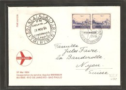 1954 Vol Zurich-Sao Paulo  Avec Paire De 40cs Outremer (Z44c) - First Flight Covers