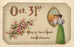 240297-Halloween, Gottschalk Dreyfuss & Davis No 2402-1, Woman Sees Pumpkin Head Man In Mirror Reflection, Roses - Halloween