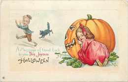 240323-Halloween, Stecher No 339 F, Black Cat & Boy Scared By Girl & Large Jack O Lantern - Halloween