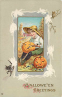 240333-Halloween, Stecher No 345 C, Boy Carving Jack O Lanterns With A Knife, Black Cat - Halloween