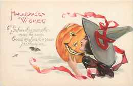 240339-Halloween, Stecher No 1238 A, Witch Holding A Large Jack O Lantern - Halloween