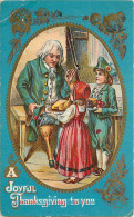 256011-Thanksgiving, Unknown No 5710, Colonial Man With Peg Leg Talking To Children Holding Dinner On Plates - Thanksgiving