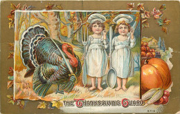 256017-Thanksgiving, Unknown No 5716, Turkey With Sword Watching Two Boys In Chef Clothes Holding Large Fork & Spoon - Giorno Del Ringraziamento