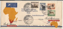 SOUTH AFRICA - Vf 1957 FIRST FLIGHT SOUTH AFRICAN AIRWAYS JOHANNESBURG-PERTH (CDS Reception At Back) - FAUNA Stamps - Lettres & Documents