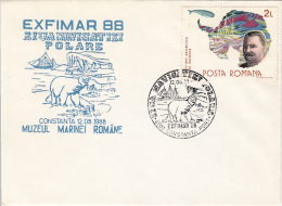 26350- POLAR NAVIGATION DAY, POLAR BEAR, EMIL RACOVITA, SHIP, SPECIAL COVER, 1988, ROMANIA - Navires & Brise-glace