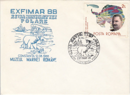 26350- POLAR NAVIGATION DAY, POLAR BEAR, EMIL RACOVITA, SHIP, SPECIAL COVER, 1988, ROMANIA - Navi Polari E Rompighiaccio