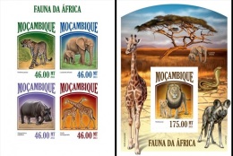 Mozambico 2013, Animals, Lions, Elephants, Girafs, Snakes, 4val In BF +BF IMPERFORATED - Giraffes