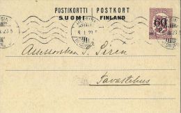 FINLANDIA FINLAND 40 P OVERPRINT 60 1923 HELSINKIS To TAVASTEHUS (Hameenlinna) - Interi Postali